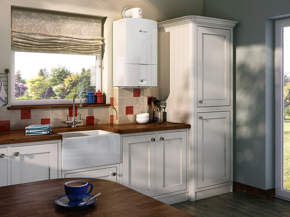 A wall-mounted boiler in a home kitchen